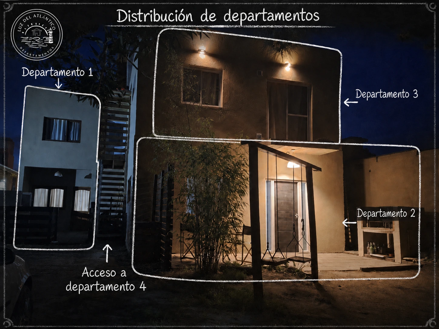 Esquema de distribución de los cuatro departamentos del Complejo Médano